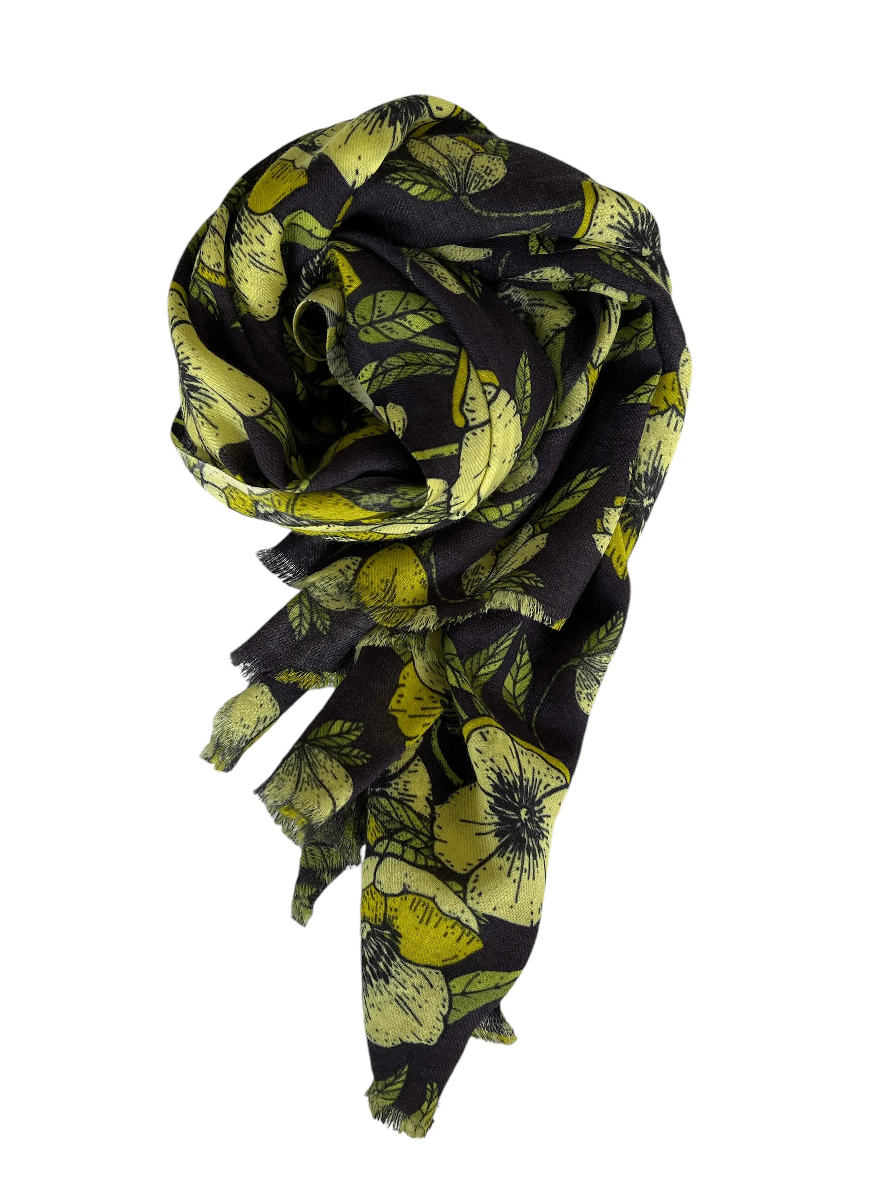 🍀  Floral Scarf - Navy Blue Green - Pure Wool Twill