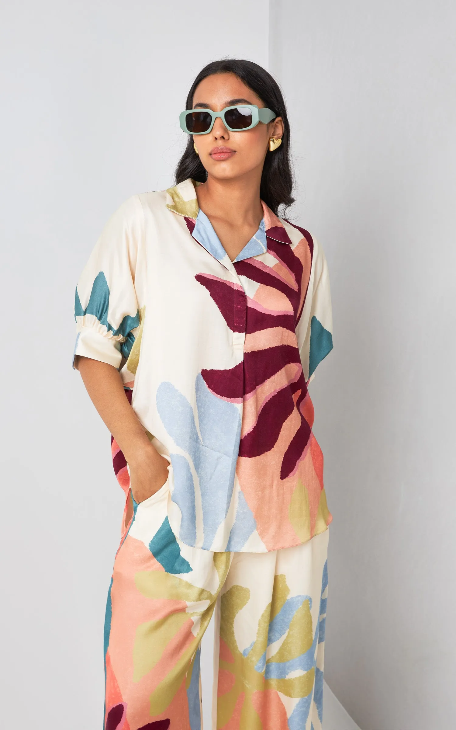 Abstract Printed  V Neck Top Set