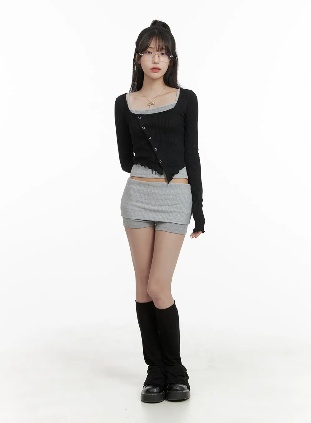 Asymmetrical Neck Solid Button Long Sleeve Top CA402