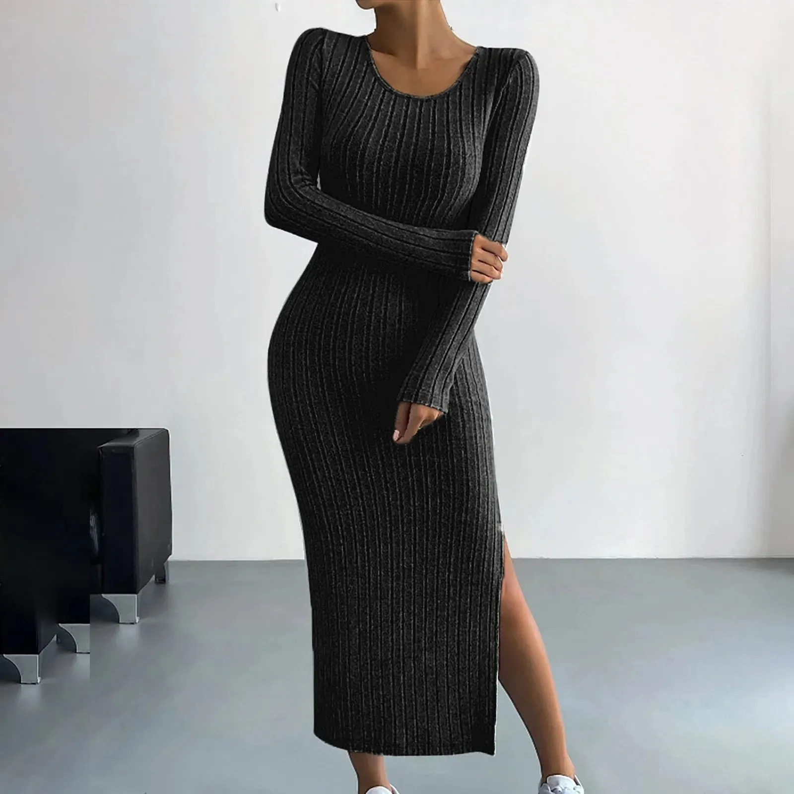 Autumn Winter Casual Long Sleeve Round Neck Split Knit Fashion Slim Long Casual Elegant Dress