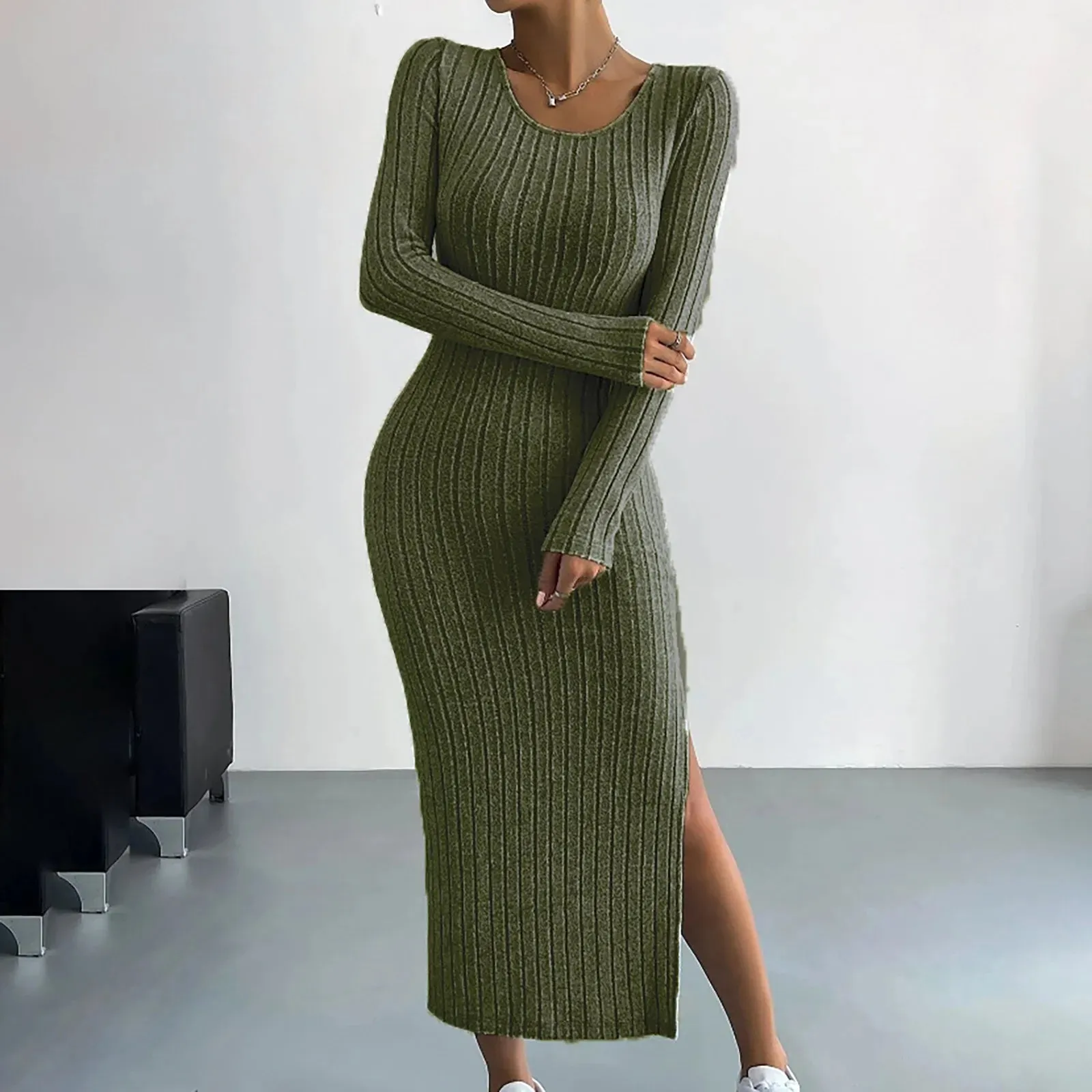 Autumn Winter Casual Long Sleeve Round Neck Split Knit Fashion Slim Long Casual Elegant Dress