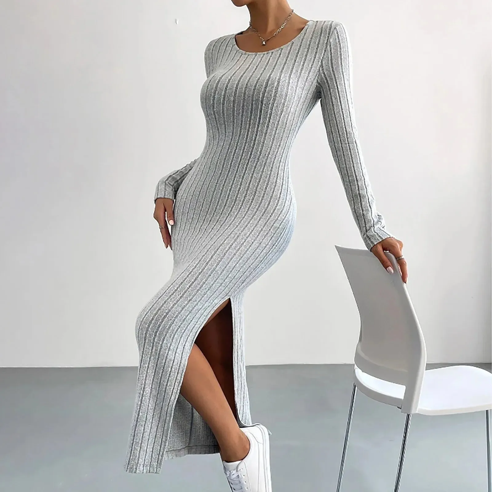 Autumn Winter Casual Long Sleeve Round Neck Split Knit Fashion Slim Long Casual Elegant Dress