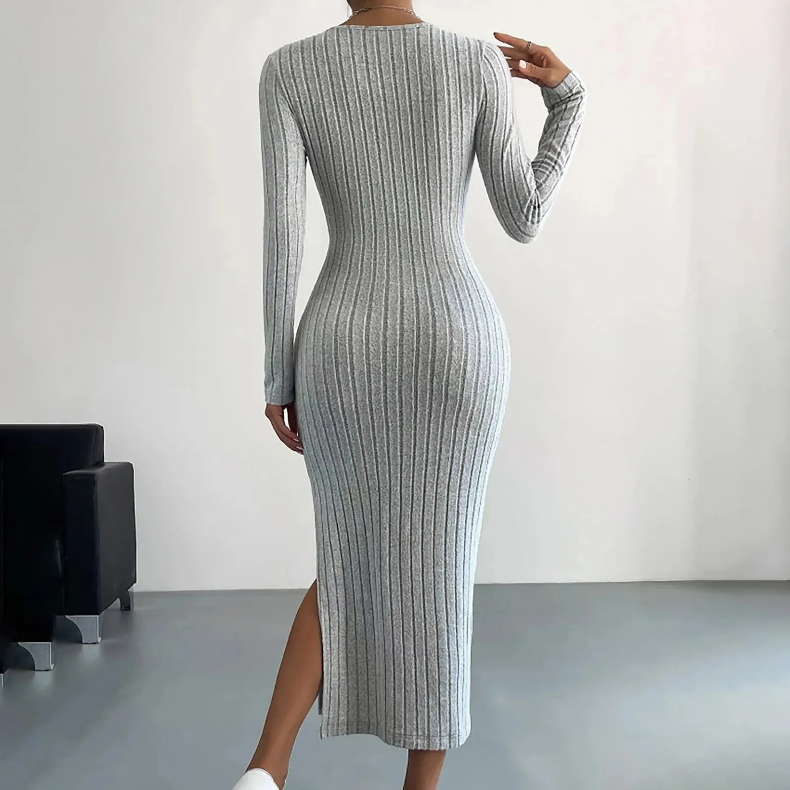 Autumn Winter Casual Long Sleeve Round Neck Split Knit Fashion Slim Long Casual Elegant Dress