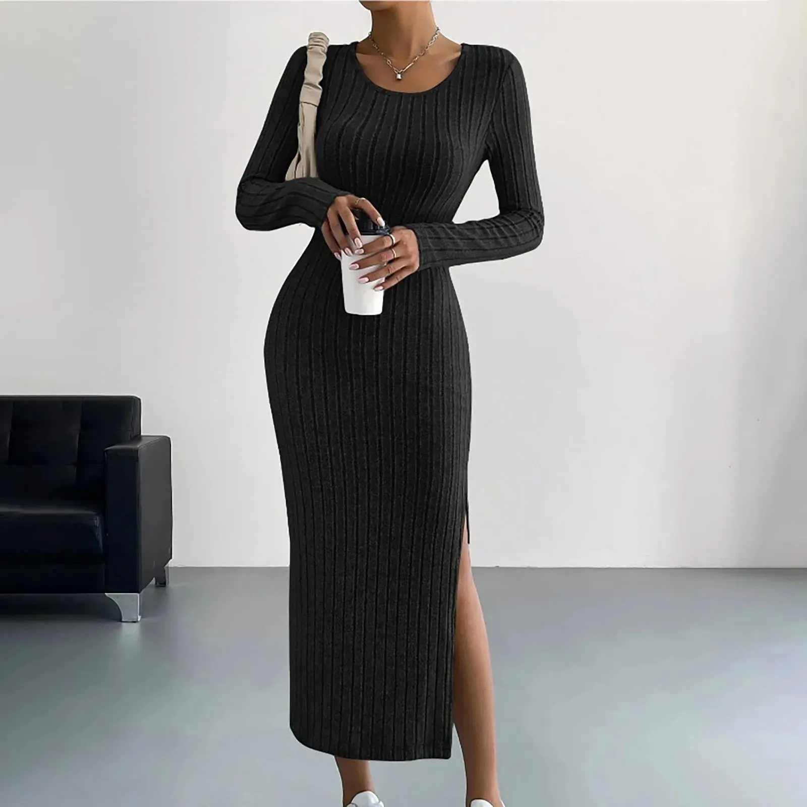 Autumn Winter Casual Long Sleeve Round Neck Split Knit Fashion Slim Long Casual Elegant Dress