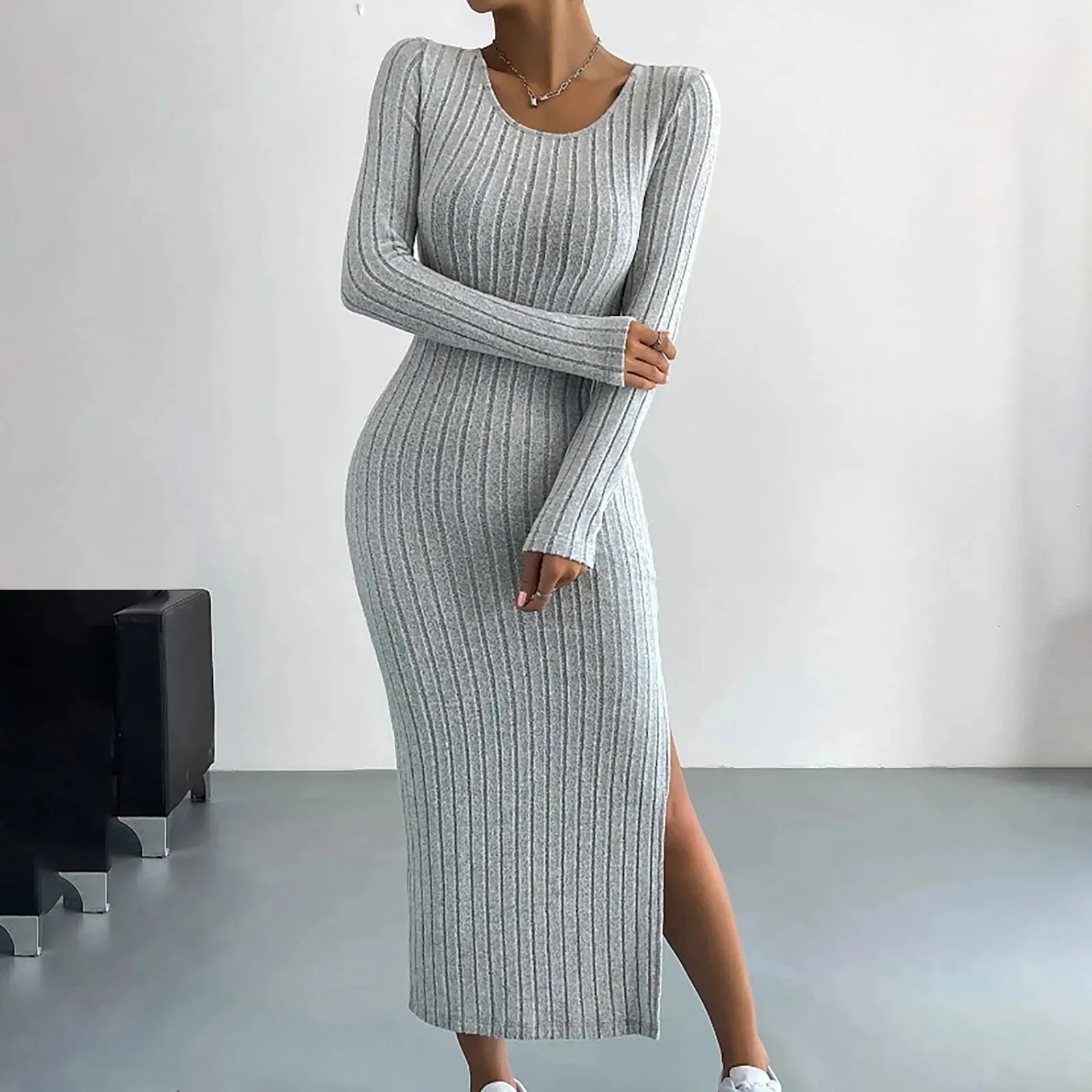 Autumn Winter Casual Long Sleeve Round Neck Split Knit Fashion Slim Long Casual Elegant Dress