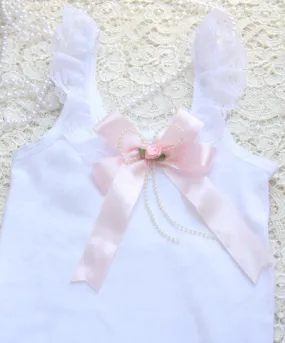 Baby to tween white top white ivory or pink bow brooch vintage inspired singlet tank top.SINGLET06