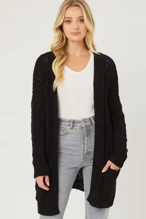 Black Chenille Cable Knit Oversized Open Front Cardigan