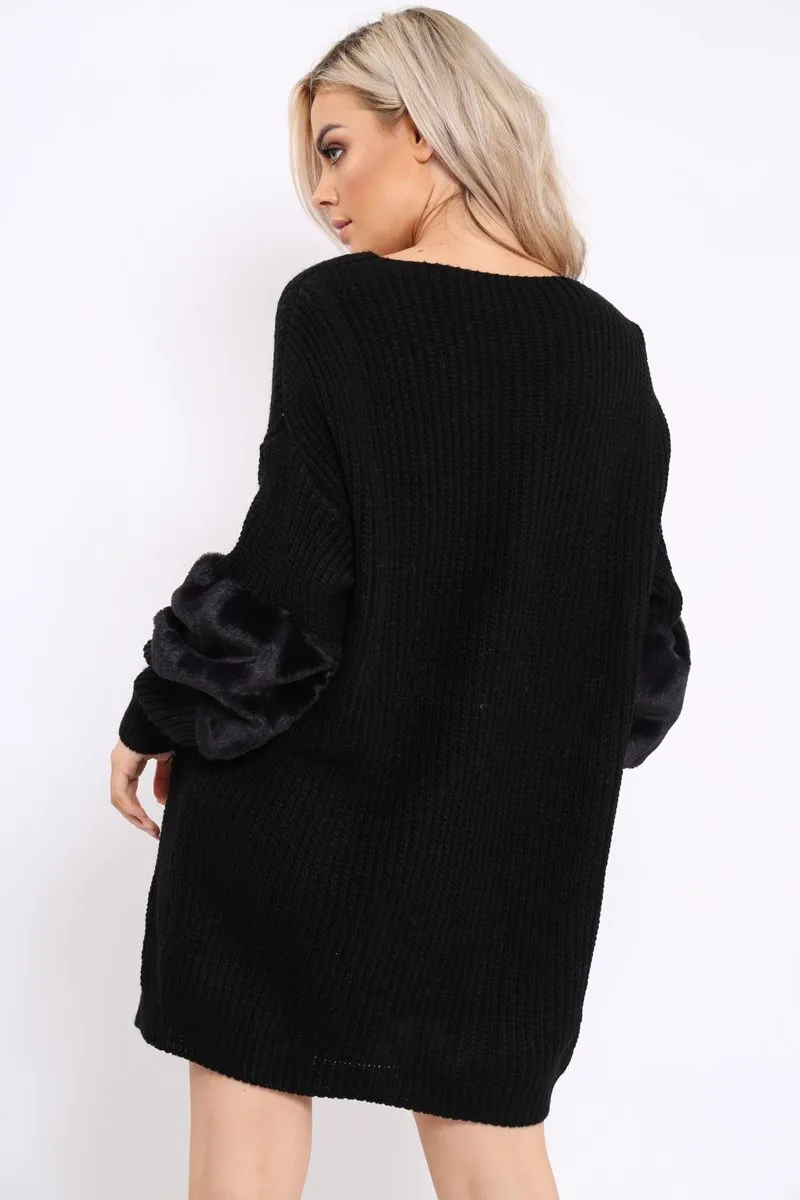 Black Chunky Knit Fur Sleeve Jumper Dress - Jaycee