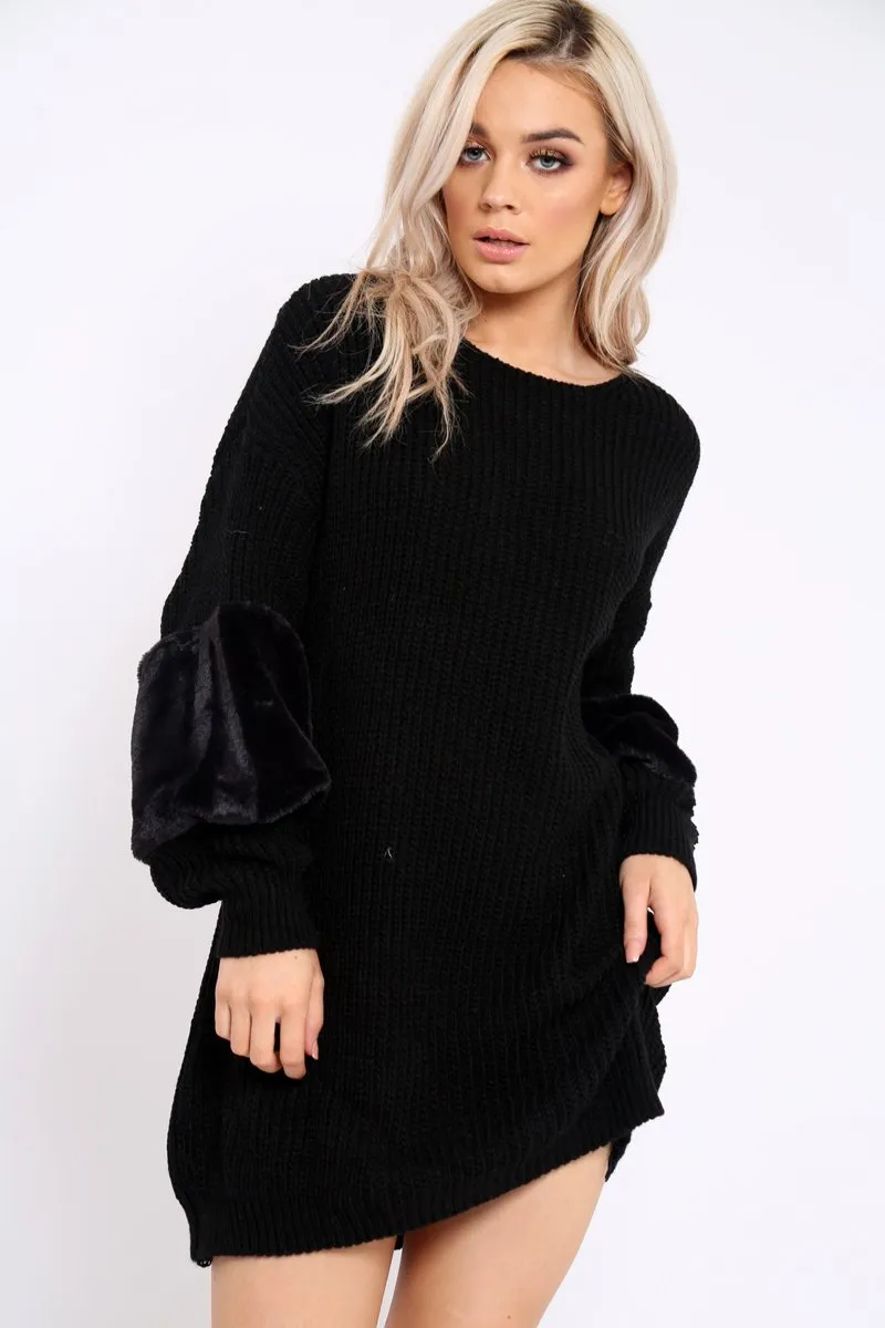 Black Chunky Knit Fur Sleeve Jumper Dress - Jaycee