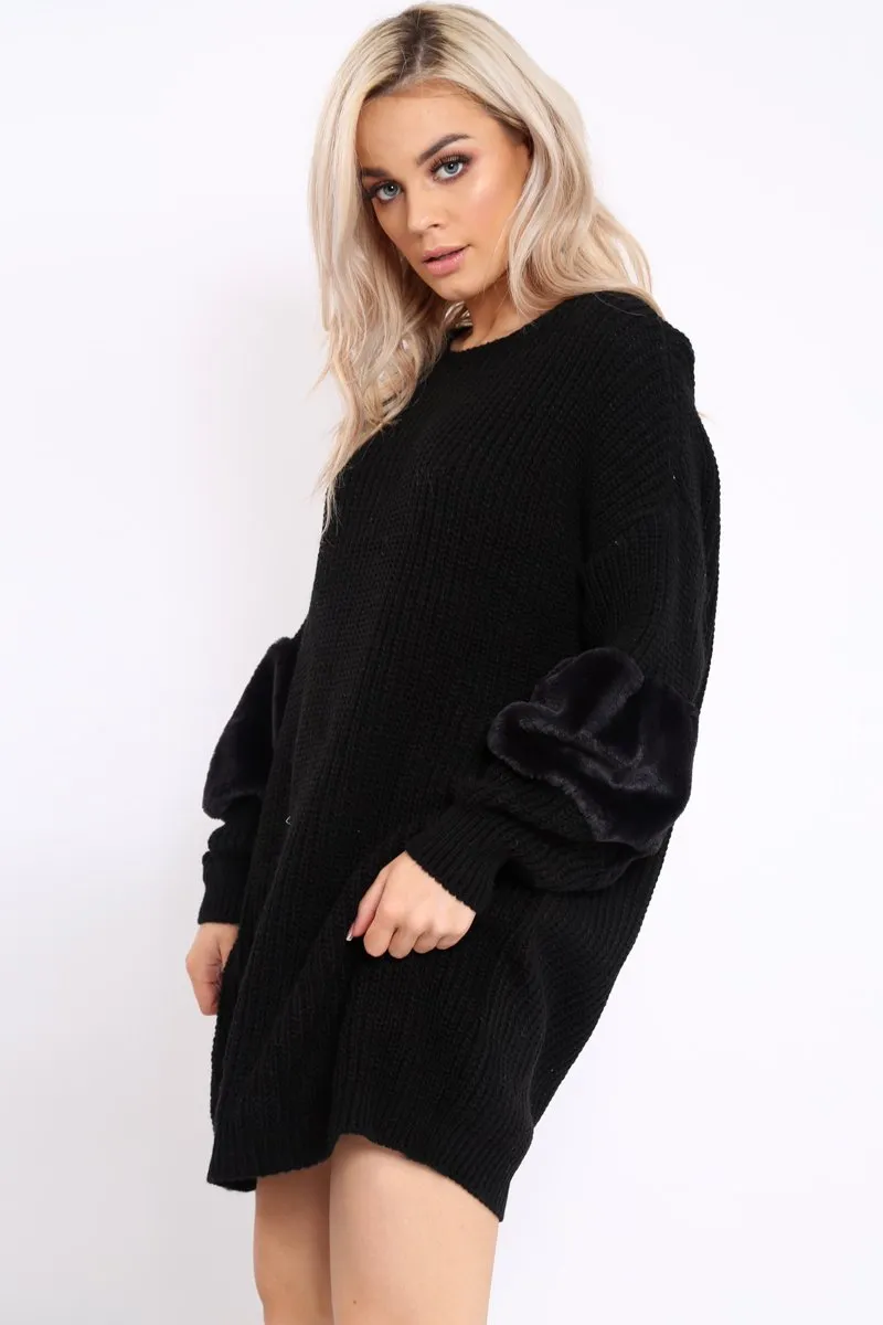 Black Chunky Knit Fur Sleeve Jumper Dress - Jaycee