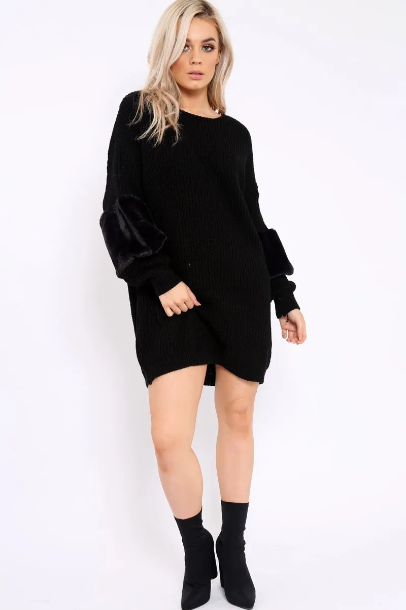 Black Chunky Knit Fur Sleeve Jumper Dress - Jaycee