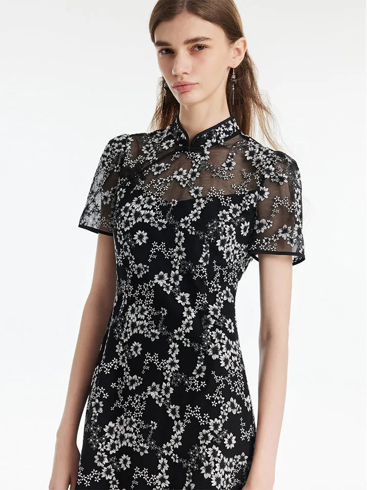 Black Floral Embroidery Cheongsam Women Mini Qipao Dress