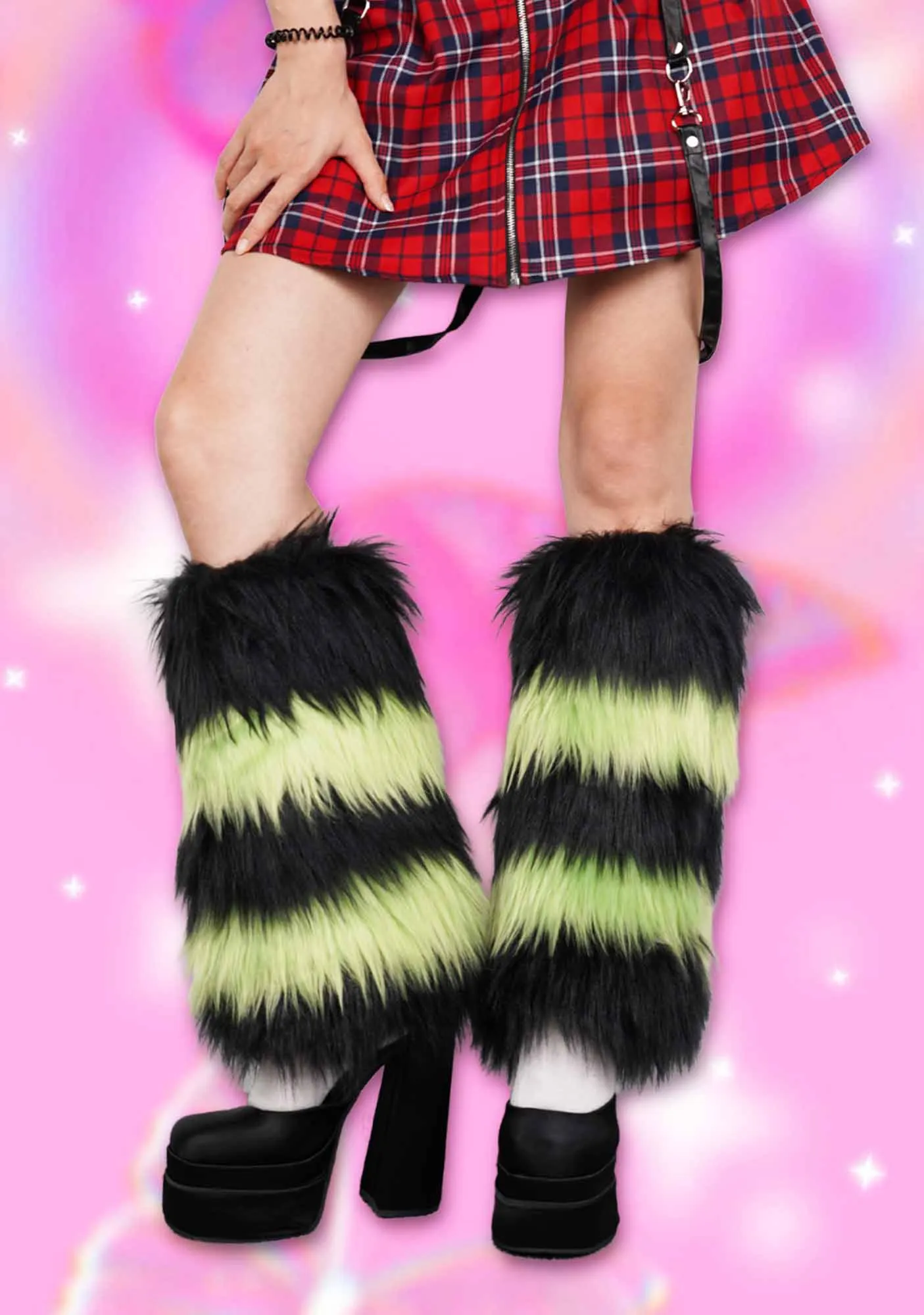 Black Green Faux Fur Y2K Leg Warmers Cherrykitten