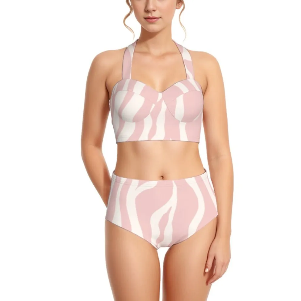 Blush Abstract Women's Swimsuit Set With Halter