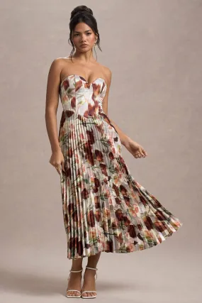 Bordeaux | Cream Floral Print Satin Corset Style Midi Dress