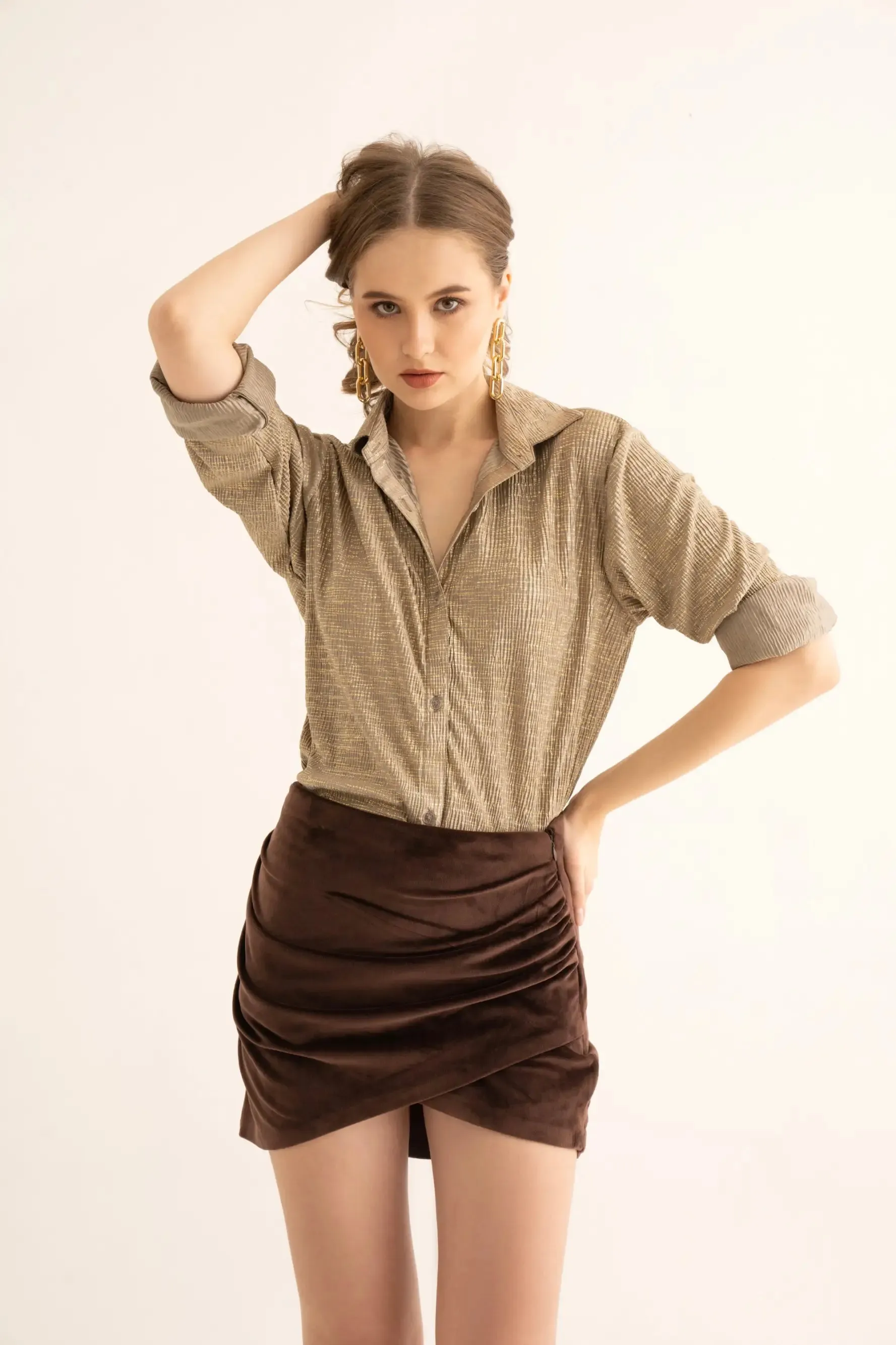 Brown Foil Pleated Oversized Shirt and Velvet Draped Mini Skirt Co-ord Set