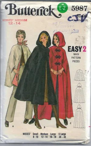 Butterick 5987 Ladies Cape Vintage Sewing Pattern 1970s