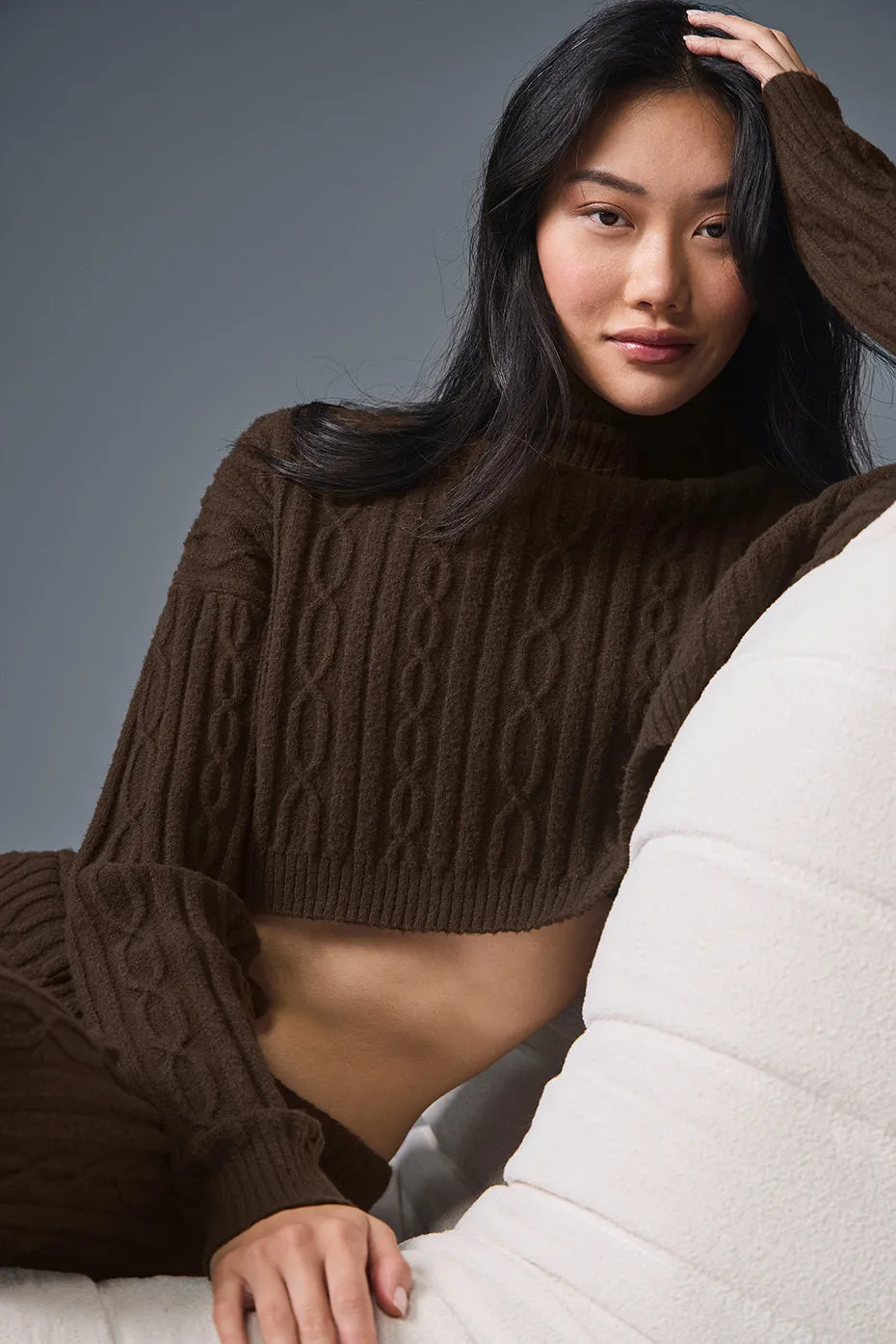 Cable Knit Cropped Winter Bliss Turtleneck Long Sleeve - Espresso