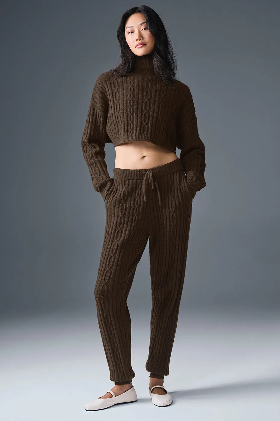 Cable Knit Cropped Winter Bliss Turtleneck Long Sleeve - Espresso