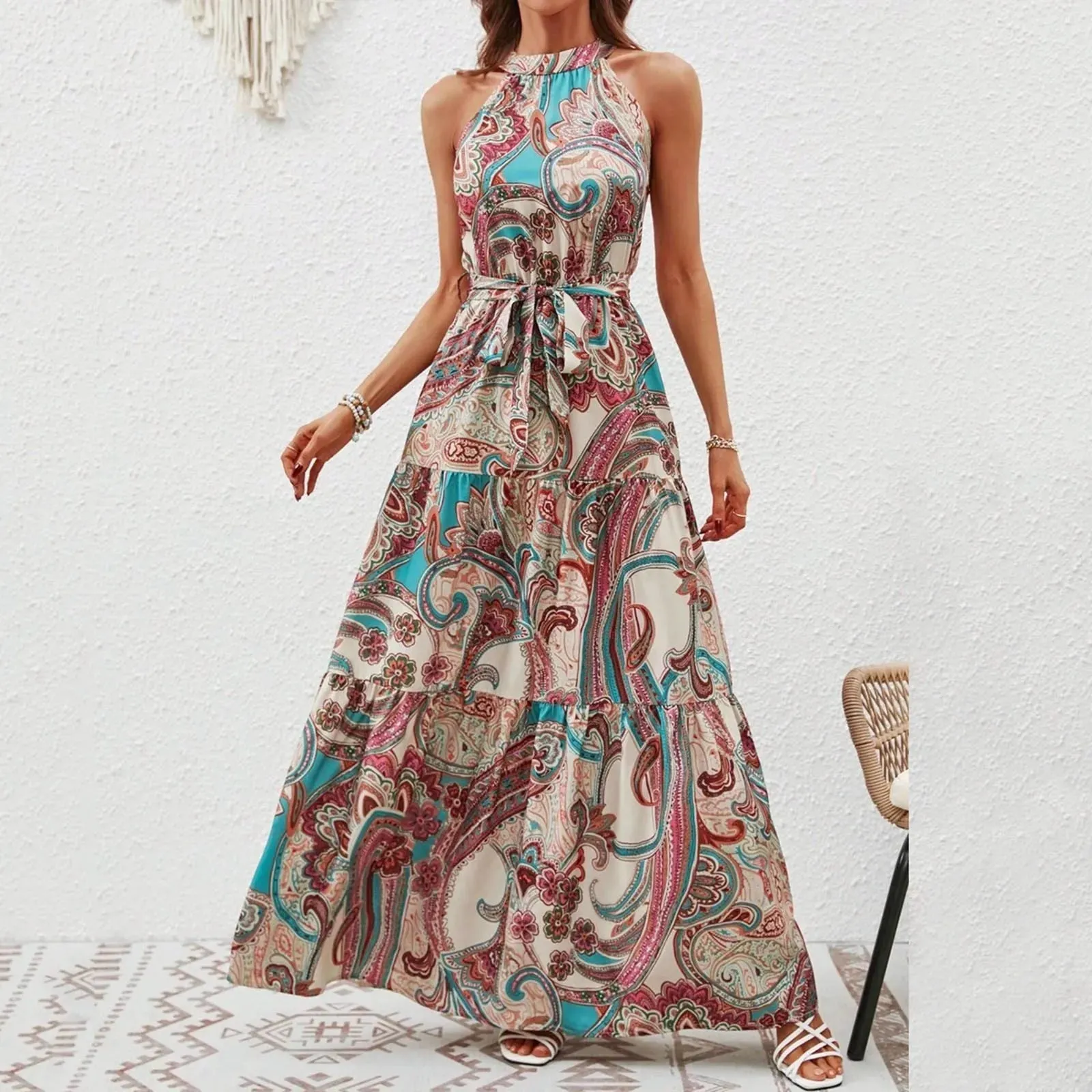 Casual Long Hanging Neck Off-shoulder Swing Large Elegant Summer Casual Floral Dress