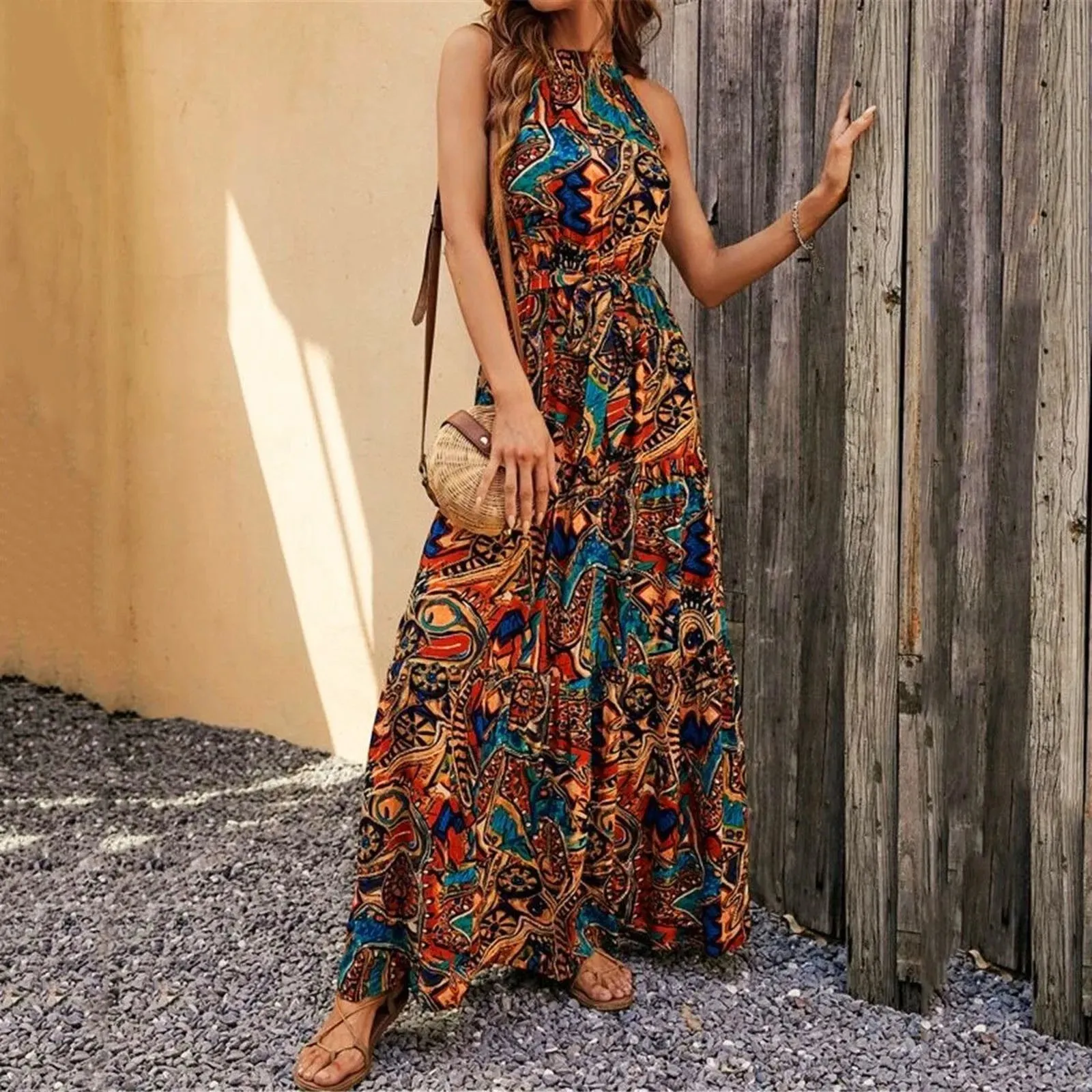 Casual Long Hanging Neck Off-shoulder Swing Large Elegant Summer Casual Floral Dress