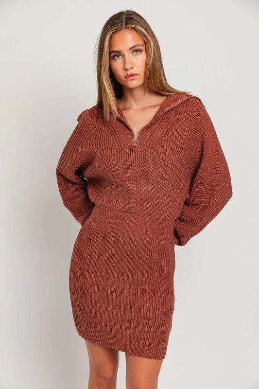 Casual Solid Long-Sleeved Zipper Sweater Dress