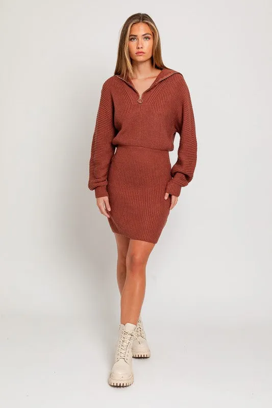 Casual Solid Long-Sleeved Zipper Sweater Dress