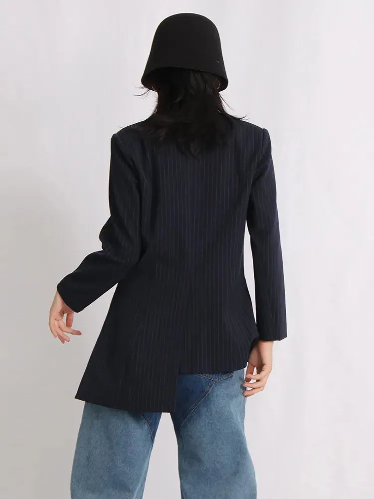 Casual Striped Blazers For Women Notched Collar Long Sleeve Patchwork Button Yrregular Blazer Female Clothing