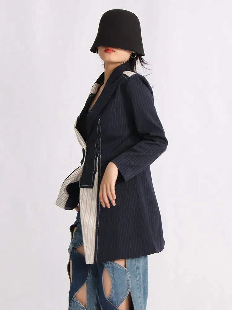 Casual Striped Blazers For Women Notched Collar Long Sleeve Patchwork Button Yrregular Blazer Female Clothing