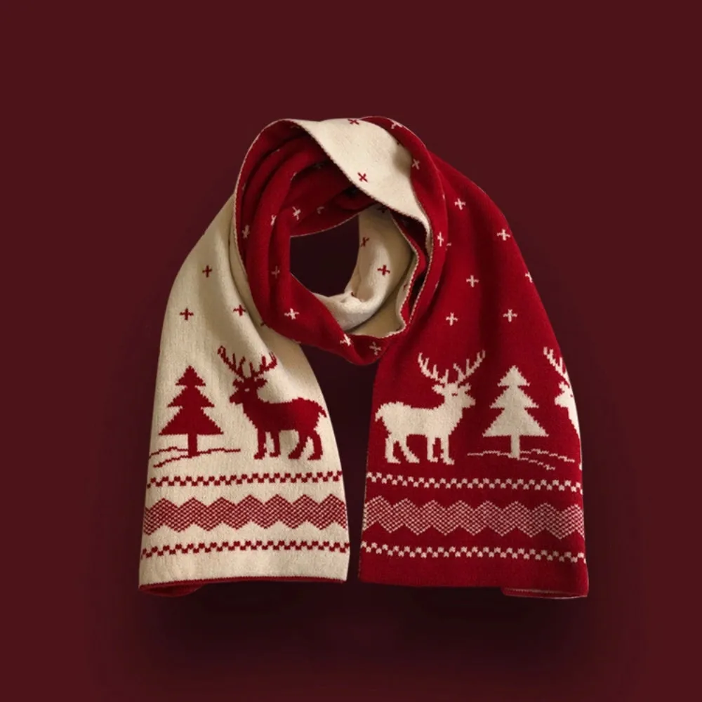 Christmas Knit Scarf For Women Men Elk Christmas Tree Print Warm Winter Shawl Scarves