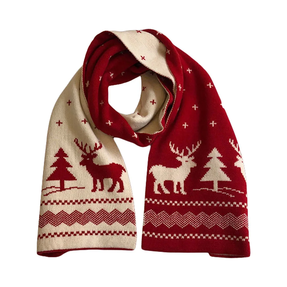 Christmas Knit Scarf For Women Men Elk Christmas Tree Print Warm Winter Shawl Scarves