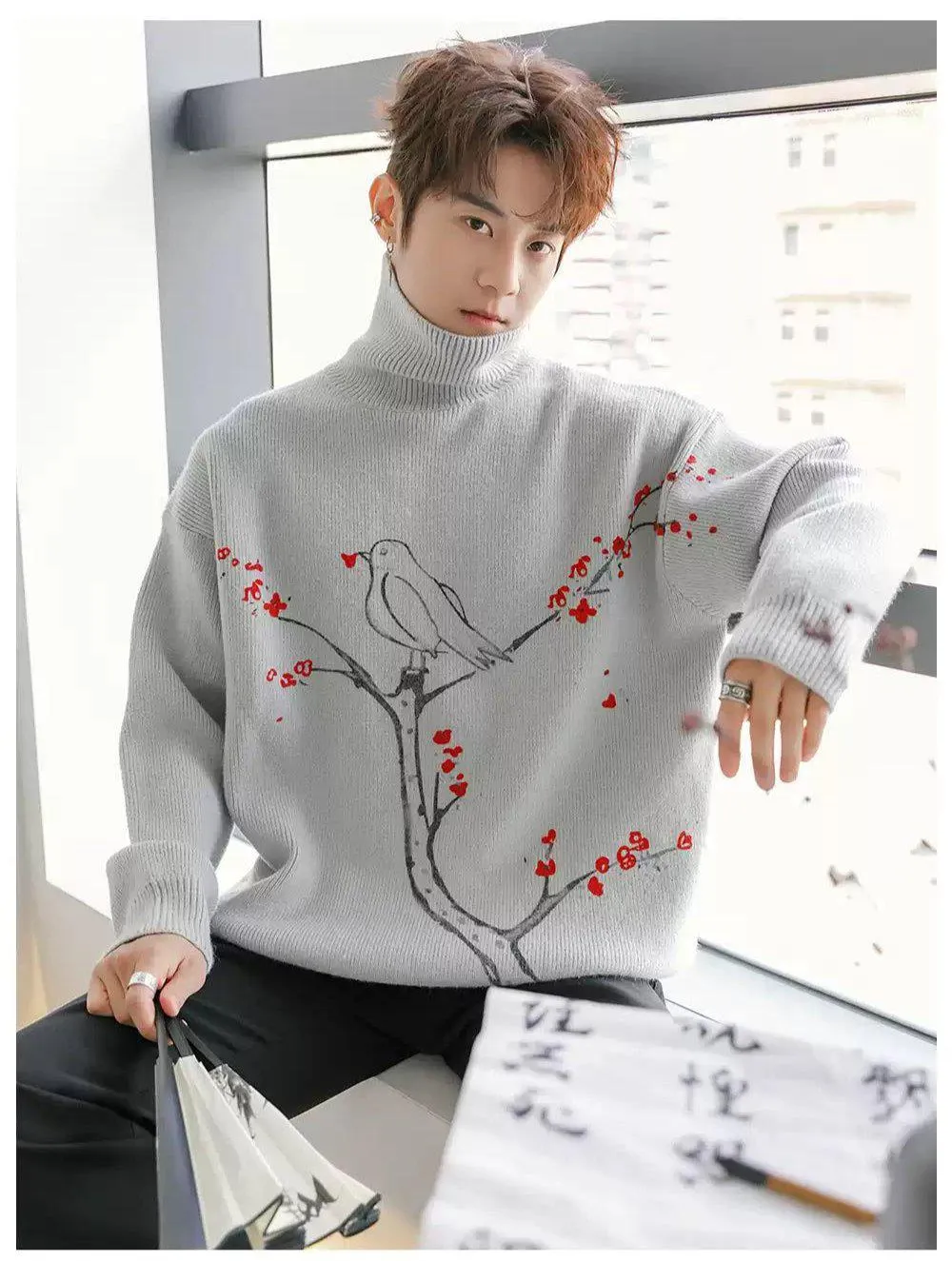 Chuan Cherry Blossom & Bird Knitted Turtleneck