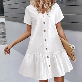 Color Ruffles Short Sleeve Loose Button Ladies Casual Solid Dress