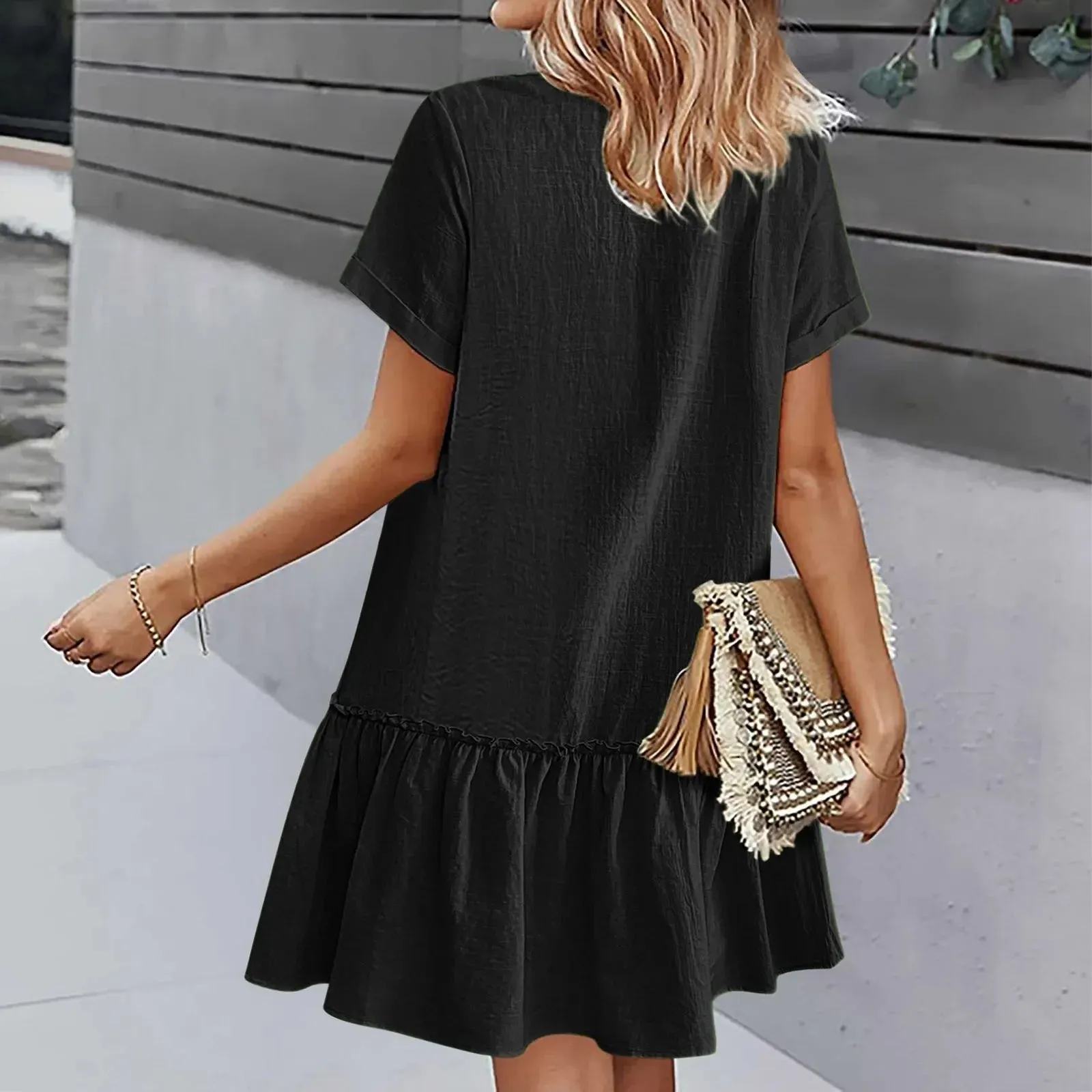 Color Ruffles Short Sleeve Loose Button Ladies Casual Solid Dress