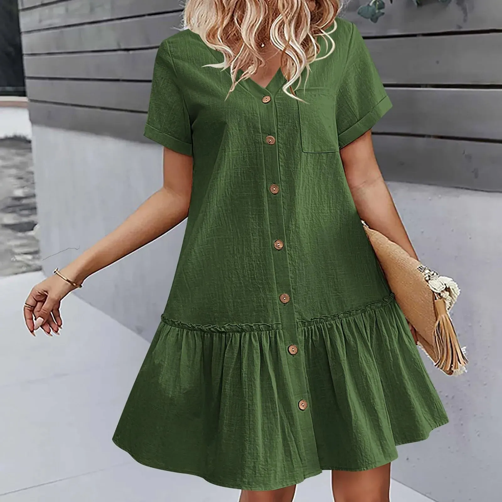 Color Ruffles Short Sleeve Loose Button Ladies Casual Solid Dress