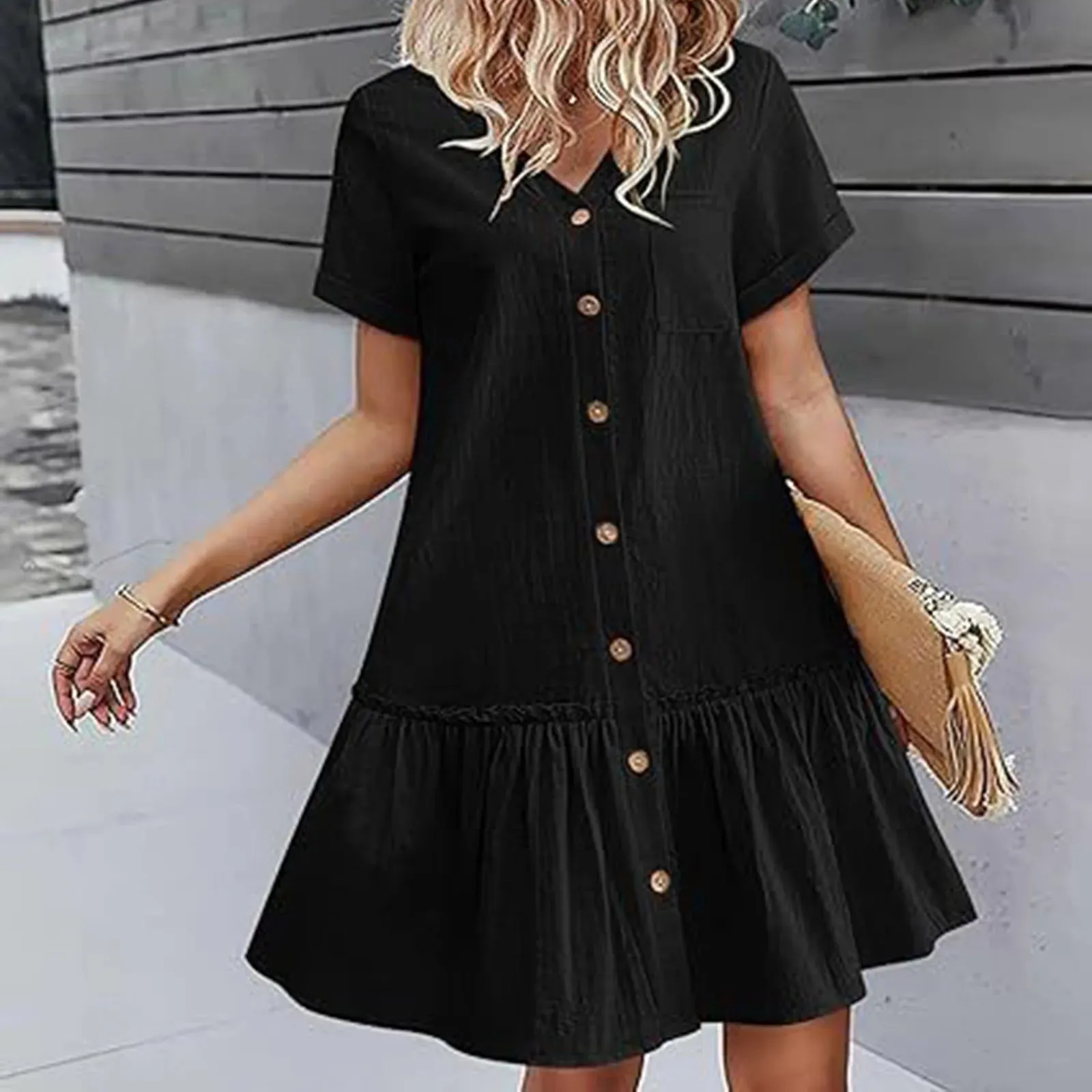 Color Ruffles Short Sleeve Loose Button Ladies Casual Solid Dress