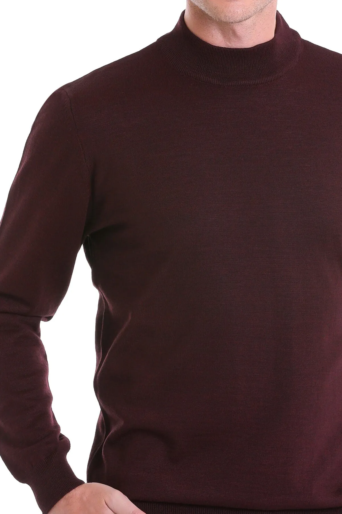 Comfort Fit Wool Blend Burgundy Mock Neck Sweater