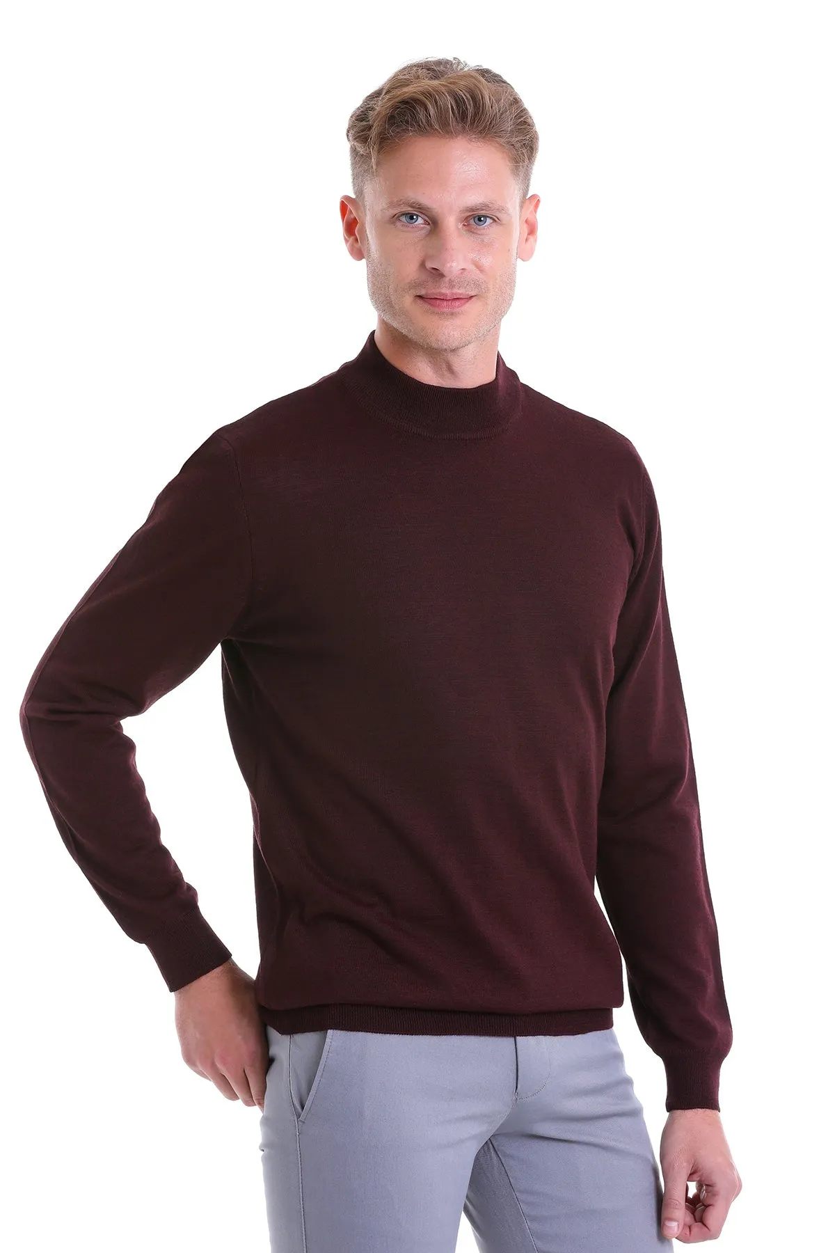 Comfort Fit Wool Blend Burgundy Mock Neck Sweater