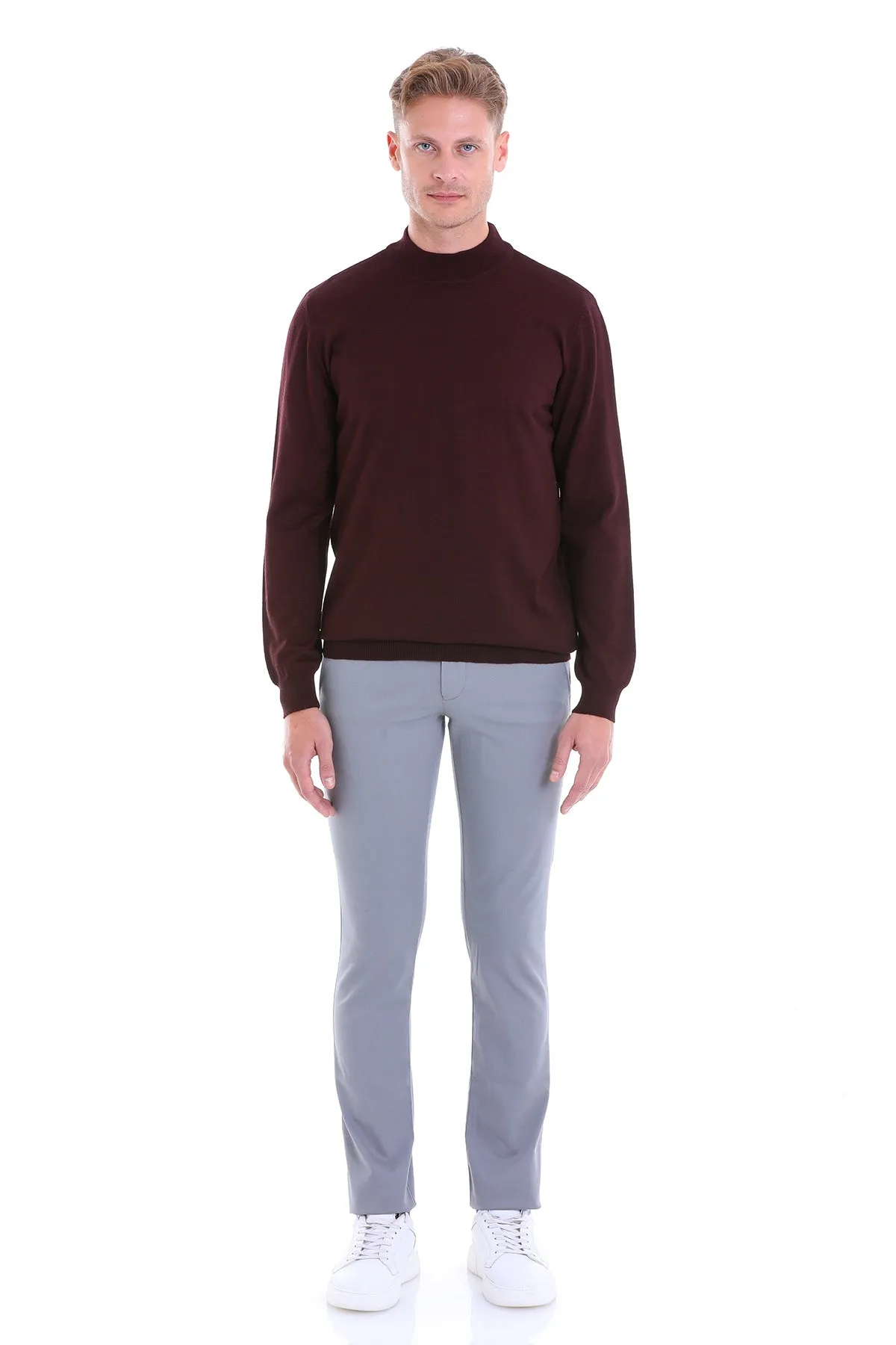 Comfort Fit Wool Blend Burgundy Mock Neck Sweater