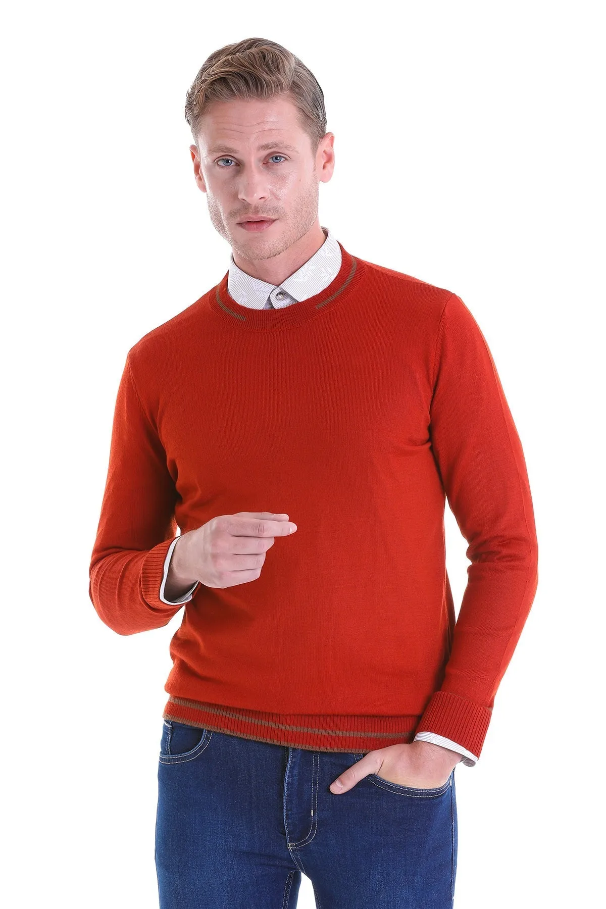 Comfort Fit Wool Blend Orange Crewneck Sweater