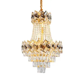 Contemporary Gold Chandelier: Layered Hanging Pendant Light with Rectangle-Cut Crystal - 3/5-Bulb - 12"/16" Wide