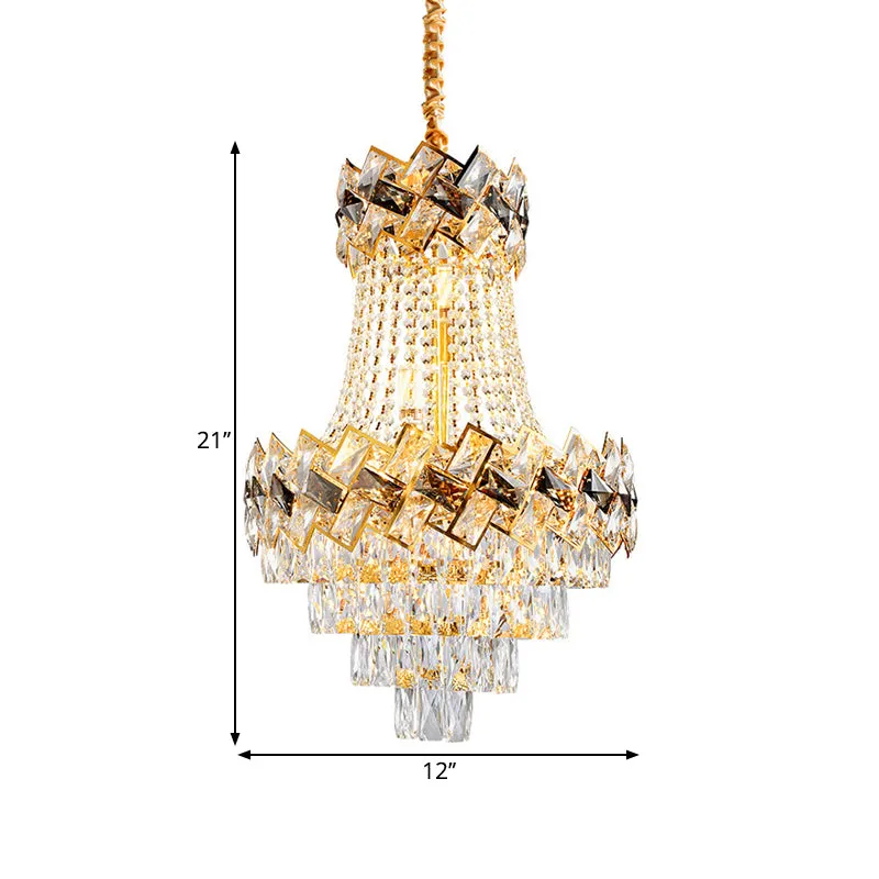 Contemporary Gold Chandelier: Layered Hanging Pendant Light with Rectangle-Cut Crystal - 3/5-Bulb - 12"/16" Wide