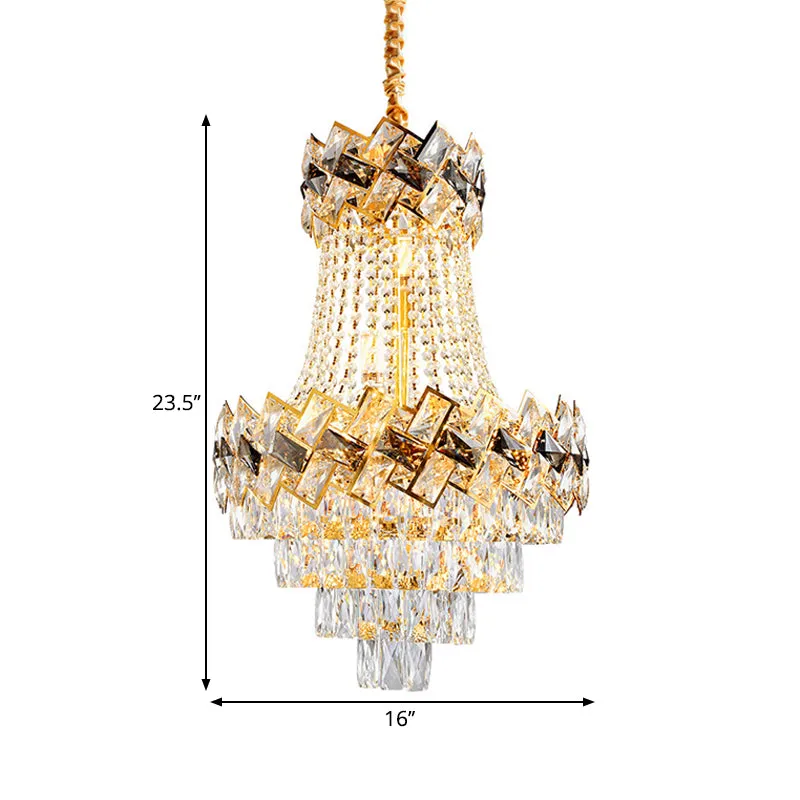 Contemporary Gold Chandelier: Layered Hanging Pendant Light with Rectangle-Cut Crystal - 3/5-Bulb - 12"/16" Wide