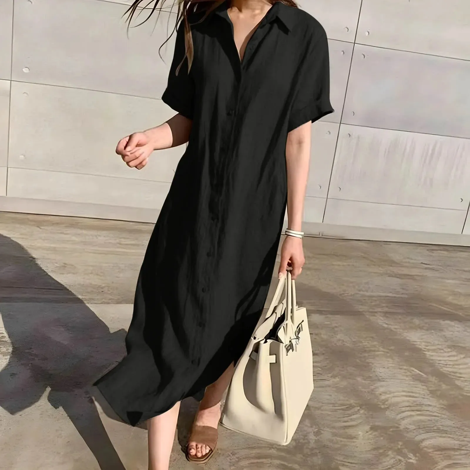 Cotton Linen Long Single Breasted Elegant Simplicity Lace-up Relaxed Casual Summer Dress