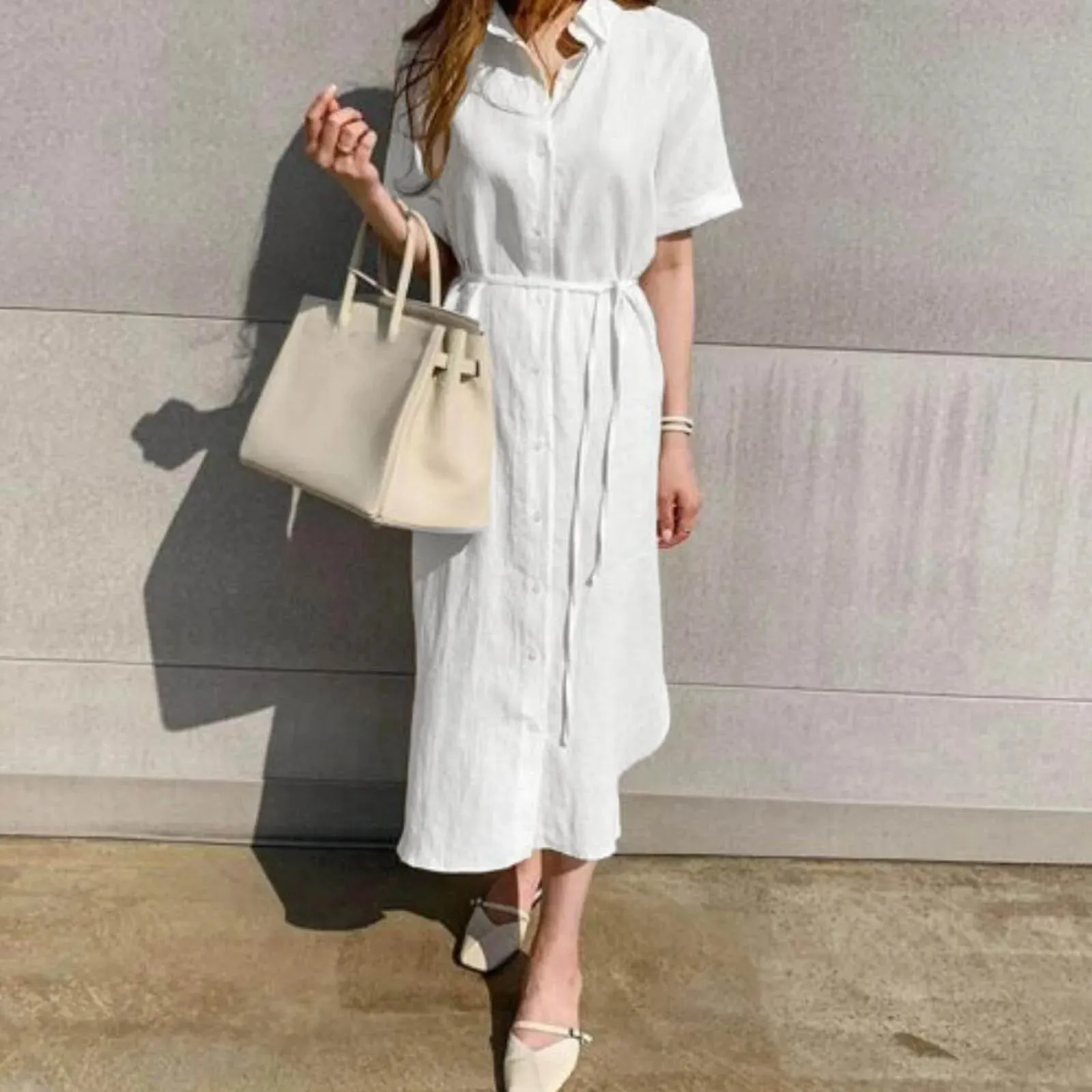 Cotton Linen Long Single Breasted Elegant Simplicity Lace-up Relaxed Casual Summer Dress