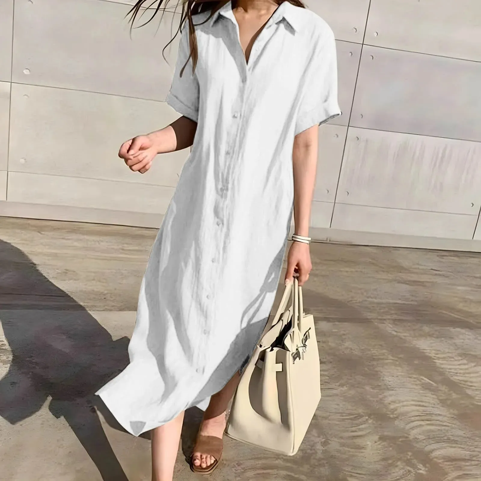 Cotton Linen Long Single Breasted Elegant Simplicity Lace-up Relaxed Casual Summer Dress