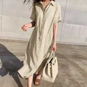 Cotton Linen Long Single Breasted Elegant Simplicity Lace-up Relaxed Casual Summer Dress