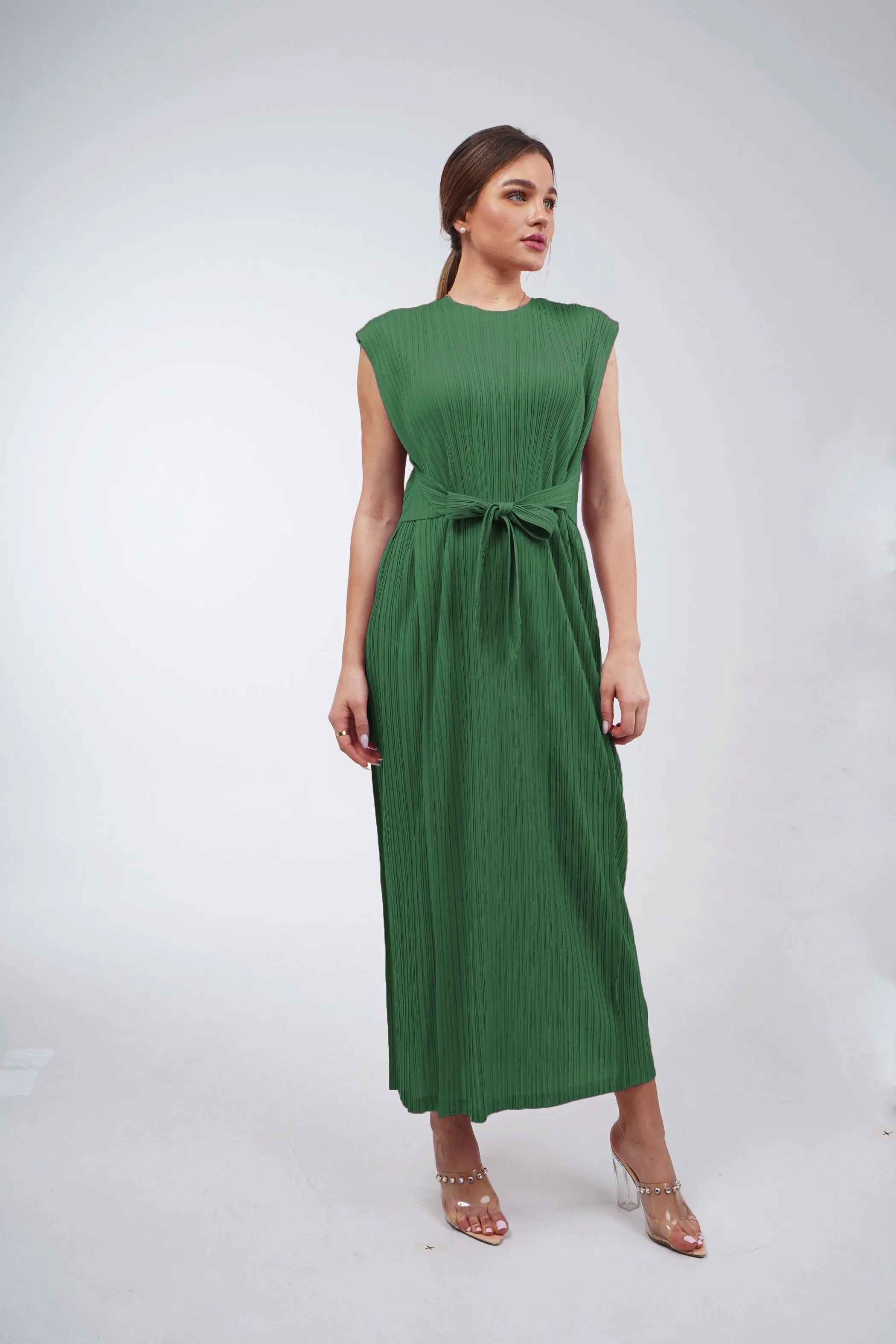 Delilah Sleeveless Dress With Attached Waist Belt