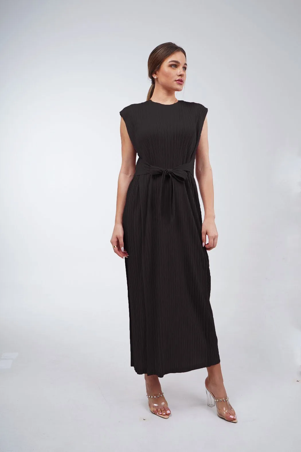 Delilah Sleeveless Dress With Attached Waist Belt