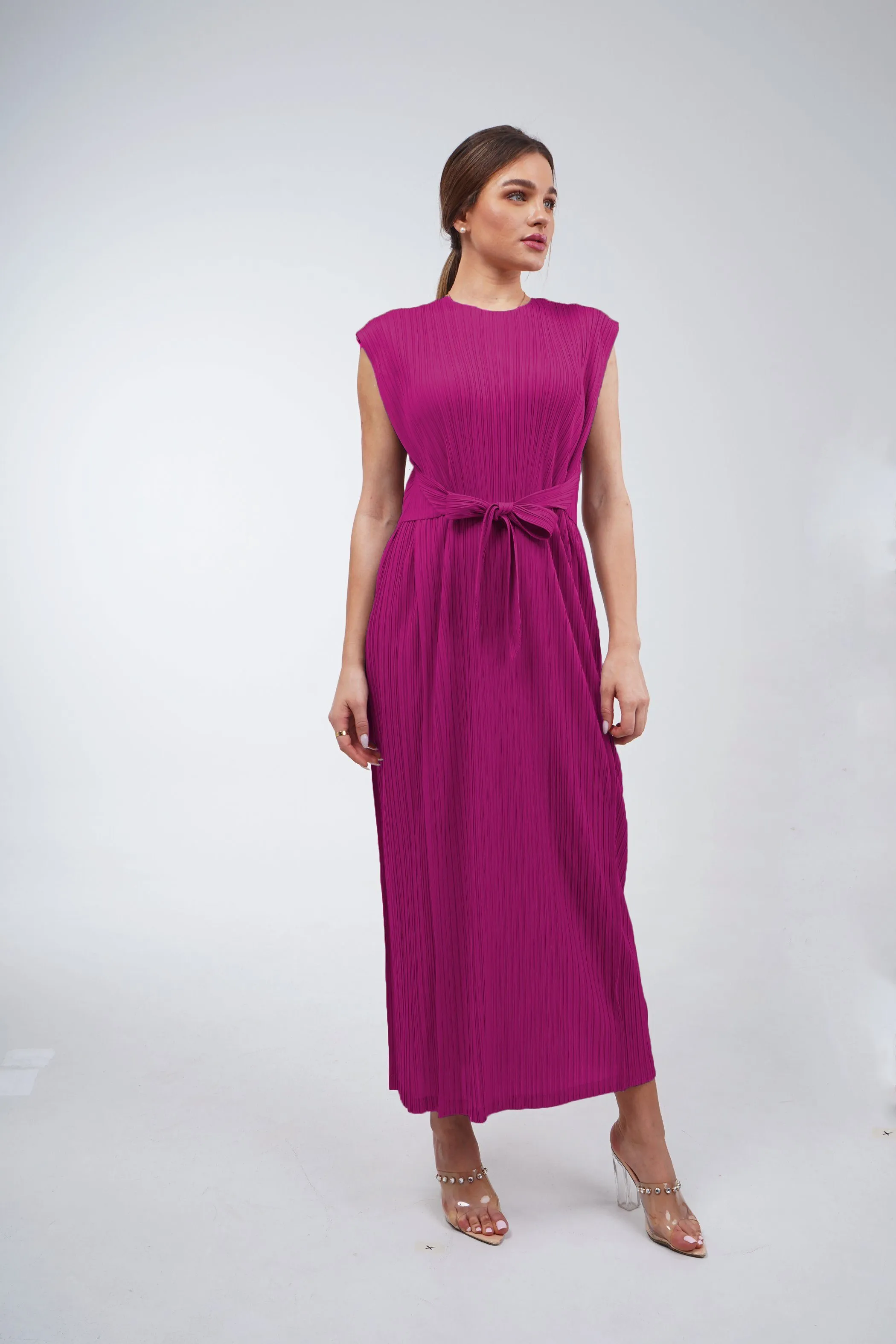 Delilah Sleeveless Dress With Attached Waist Belt